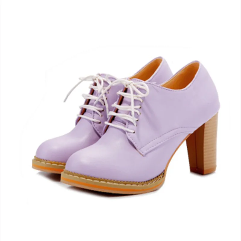 

Lady Plus Size Retro 43 40 Lace Up Leather Round Toe Spring Ankle Wood Texture High-heels Boots Fashion White Shoes Female Pumps