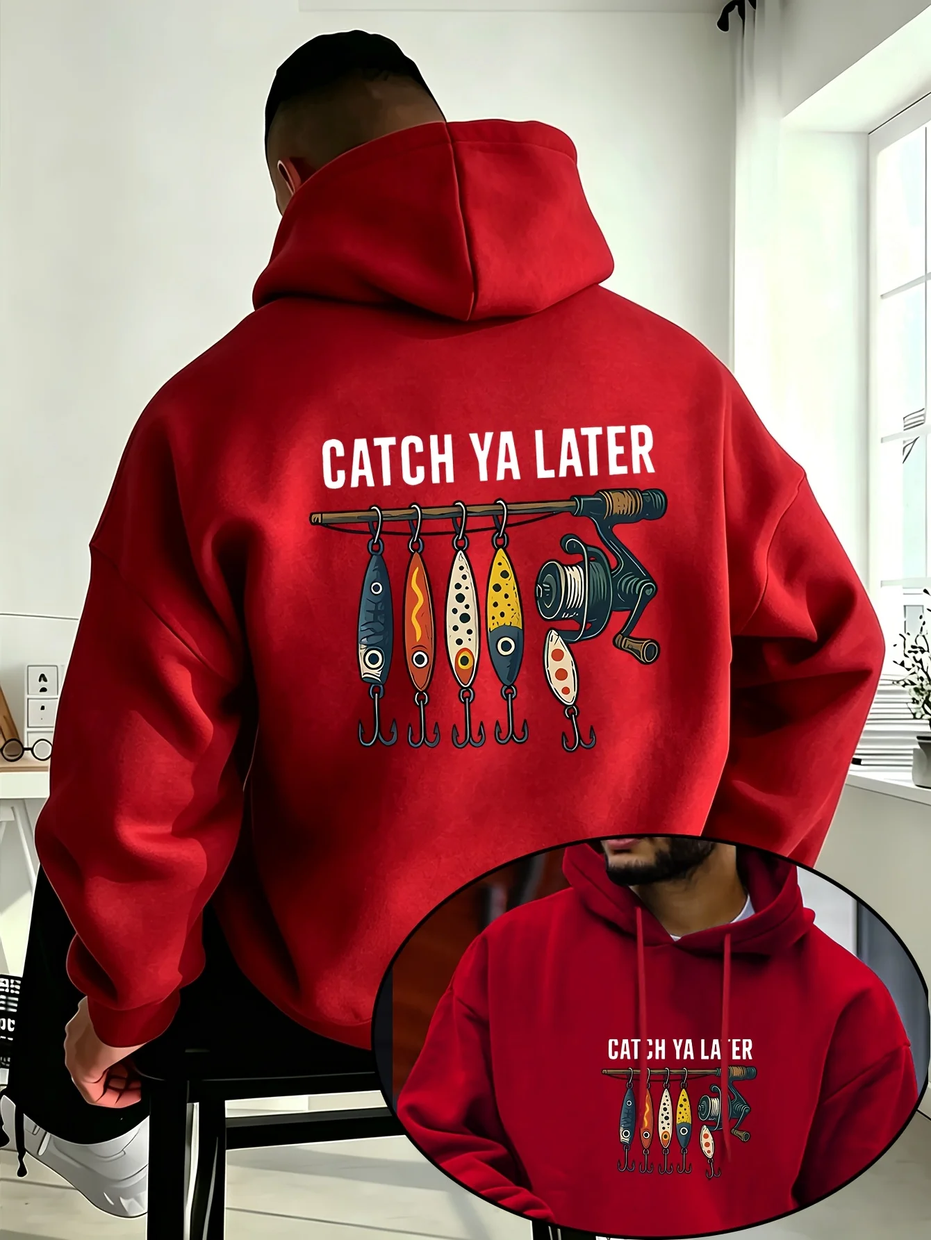 Herren Catch Ya Later Hoodie Beige Oversized Angelköder-Grafik Pullover Fischer Streetwear Sweatshirt Herbst Winter – Detail 6