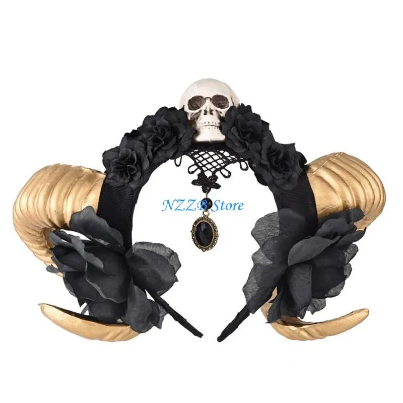 

T21F Unisex Halloween Hair Hoop Devil Sheep Horn for Head Band with Flower Decor Cosplay Costume Masquerade Party Headp