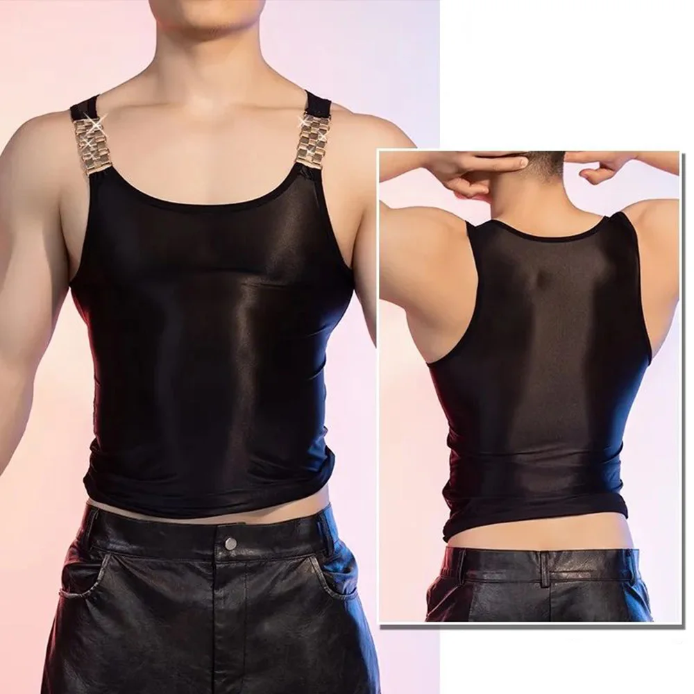 Mens Top Metal Shoulder Straps Semi Transparent Sexy Vest Summer Sports Fitness Thin Shiny Singlet Nightclub Men\'s Clothing 2024