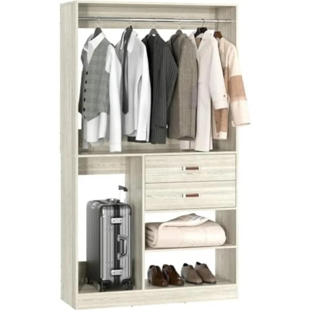 Freestanding Closet System with Suitcase Storage, 40 Inches Stand-Alone Wardrobe with 2 Wood Drawers, 80'' Height