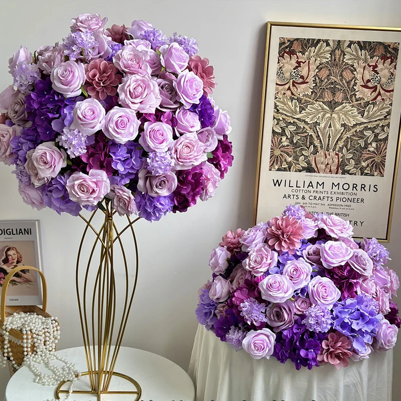 Purple Rose Artificial Flower Flower Ball Hydrangea Row Runner Green Plants Large Wedding Backdrop Decor Floral Wall Party Props