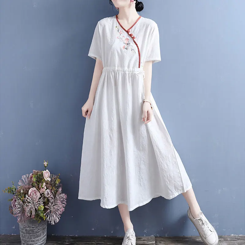 Chinese Disc Buckle V-Neck Dresses Summer New Folk Fashion Embroidery Women\'s Clothing Casual Loose A-Line Drawstring Midi Dress