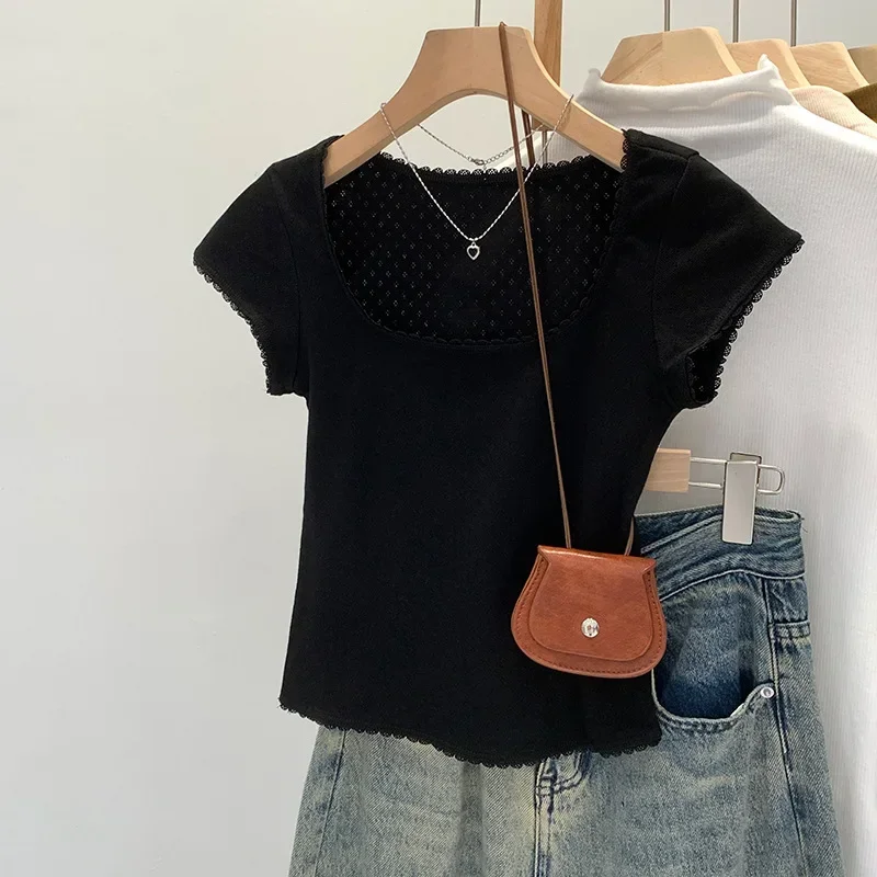 Pop Pop Women's Summer Slim Fit Short Sleeve T-Shirt High Waist Floral Trim Square Neck Top Versatile Fashionable Design Casual