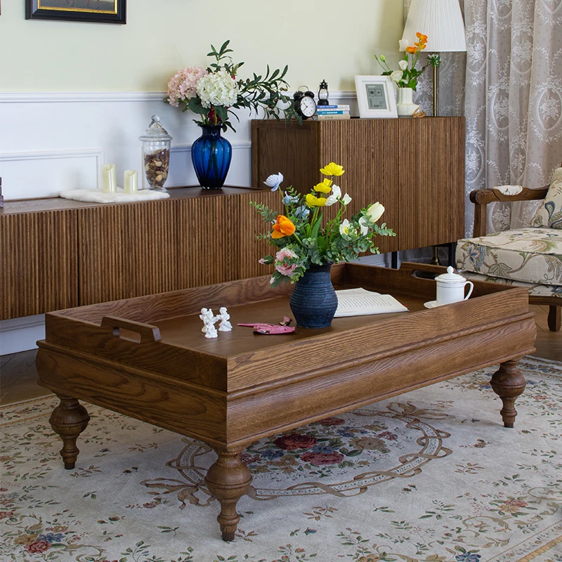 

Прямоугольный журнальный столик из цельного дерева в американском стиле, дубовый поднос, чайный столик с подлокотником, классический ретро чайный столик для хранения вещей