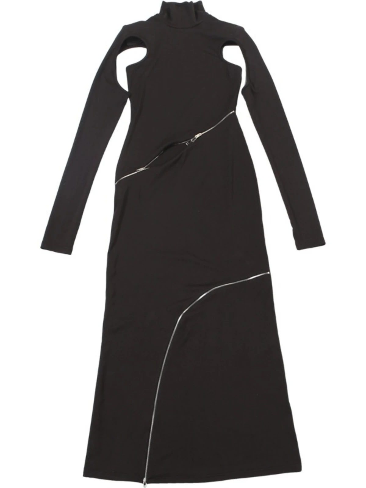 SsTss Sexy Zwarte Uitgesneden Lange Jurk Voor Vrouwen Mode Coltrui Lange Mouw Ritsen Decoratie Slim Fit Party Club Maxi Jurk