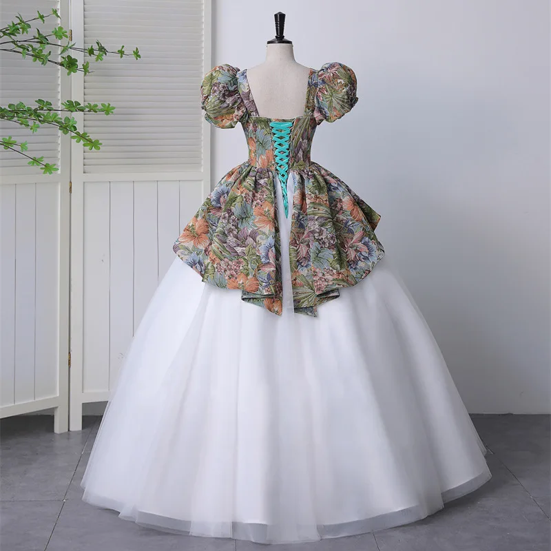 Vintage Evening Gown Princess Prom Dresses Short Sleeve Print White Long Women Special Occasion Dress Evening Party Gown Vestido