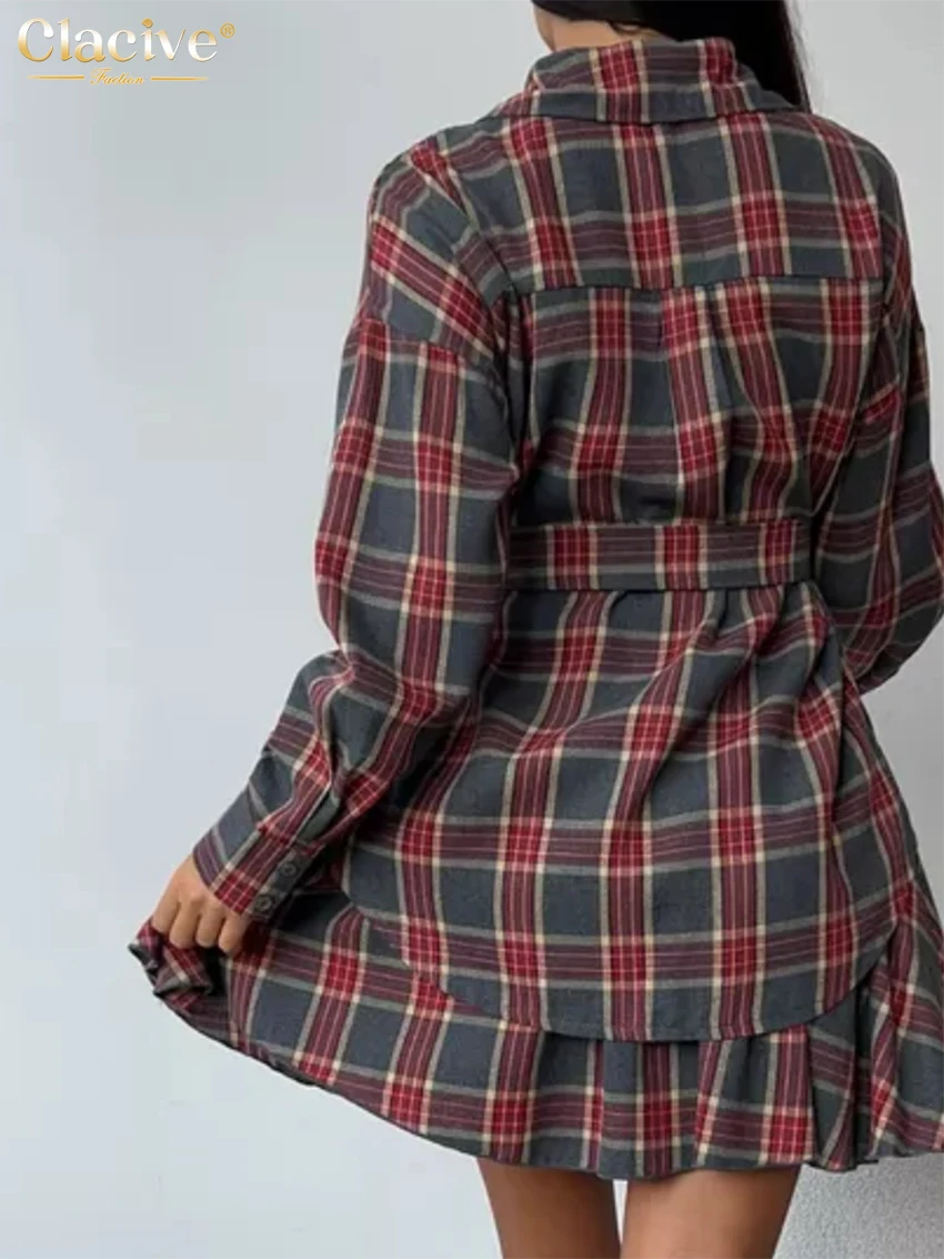 Clacive Fashion Loose Plaid 2 Piece Sets Women Outfit 2025 Elegant Long Sleeve Shirt With High Waist Mini Skirt Set Female