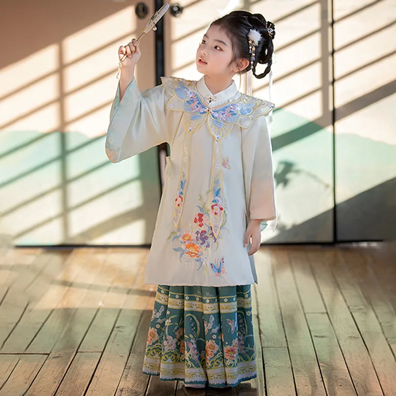 Girls Hanfu Twinset Embroidery Top And Brocade Satin Mamianqun Skirt 2PCS Suit Set Chinese Traditional Clothes For Kids