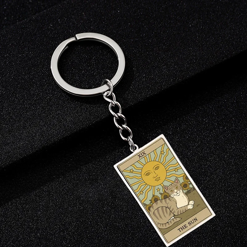 لطيف القط التارو بطاقة قلادة سلاسل المفاتيح خمر مستطيل الايبوكسي الفولاذ المقاوم للصدأ مفتاح سلسلة كيرينغ الحيوان العرافة مجوهرات