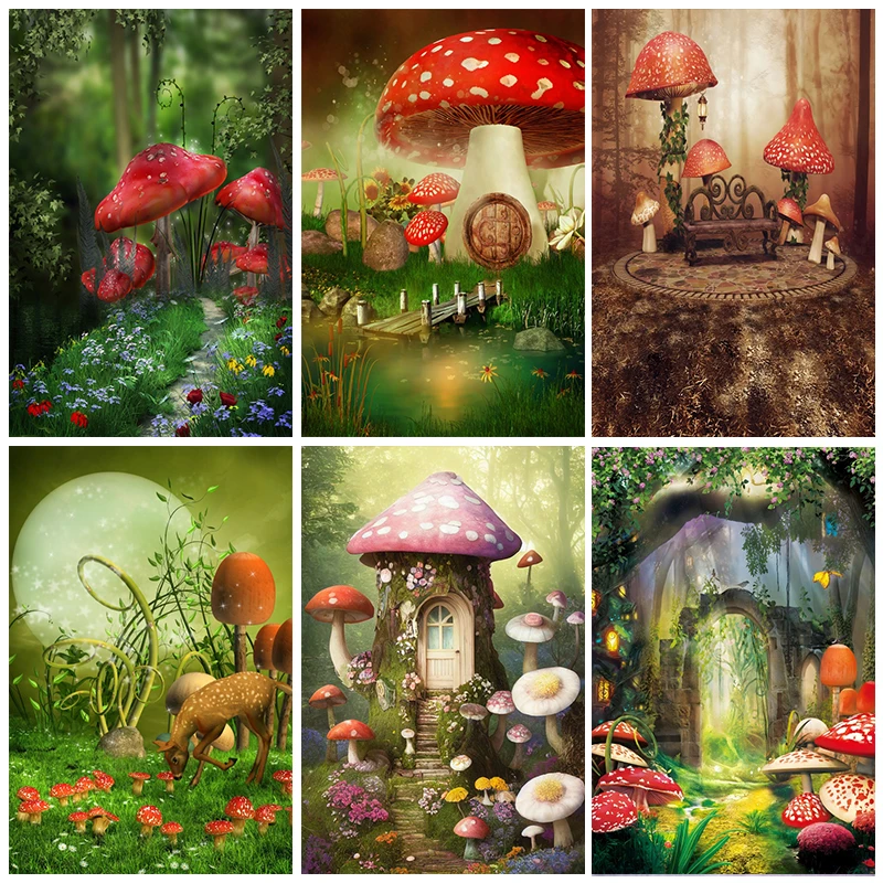 

Fairy Tale Forest Photography Backdrop Dreamy Enchanted Wonderland Mushroom Jungle Birthday Party Baby Portrait Photo Background