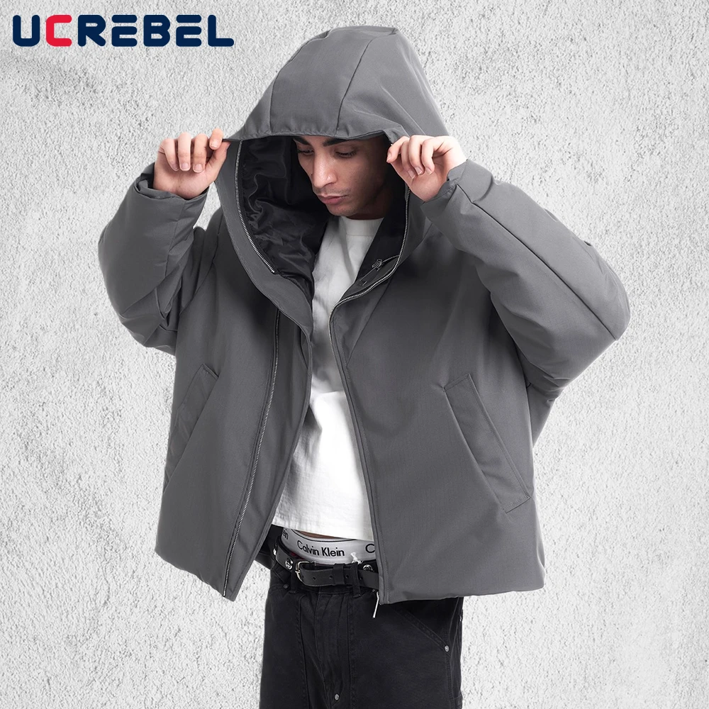 

Solid Color Fur Collar Padded Jacket Mens Winter Warm Thick High Street Loose Long Sleeve Hooded Quilted Jacket Man