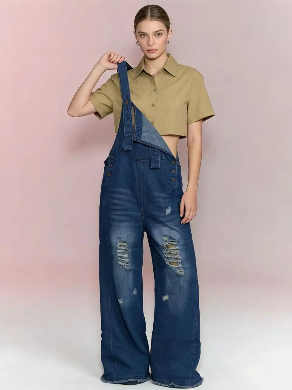 

Y2K Loose Overalls Women Distressed Denim Hole European American Fashion Retro Wide Leg Comfortable Casual
