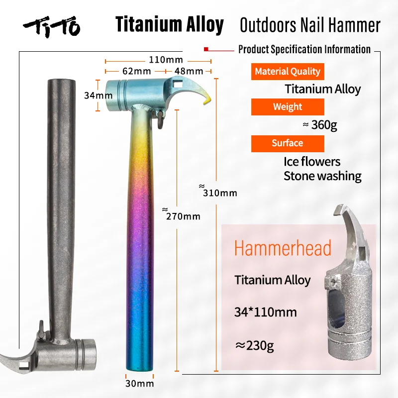 TiTo Camping Tool Hammer Rainbow Color Titanium Alloy Outdoor Tent Pegs Stake Mallet with Stake Puller Mountaineering Hiking