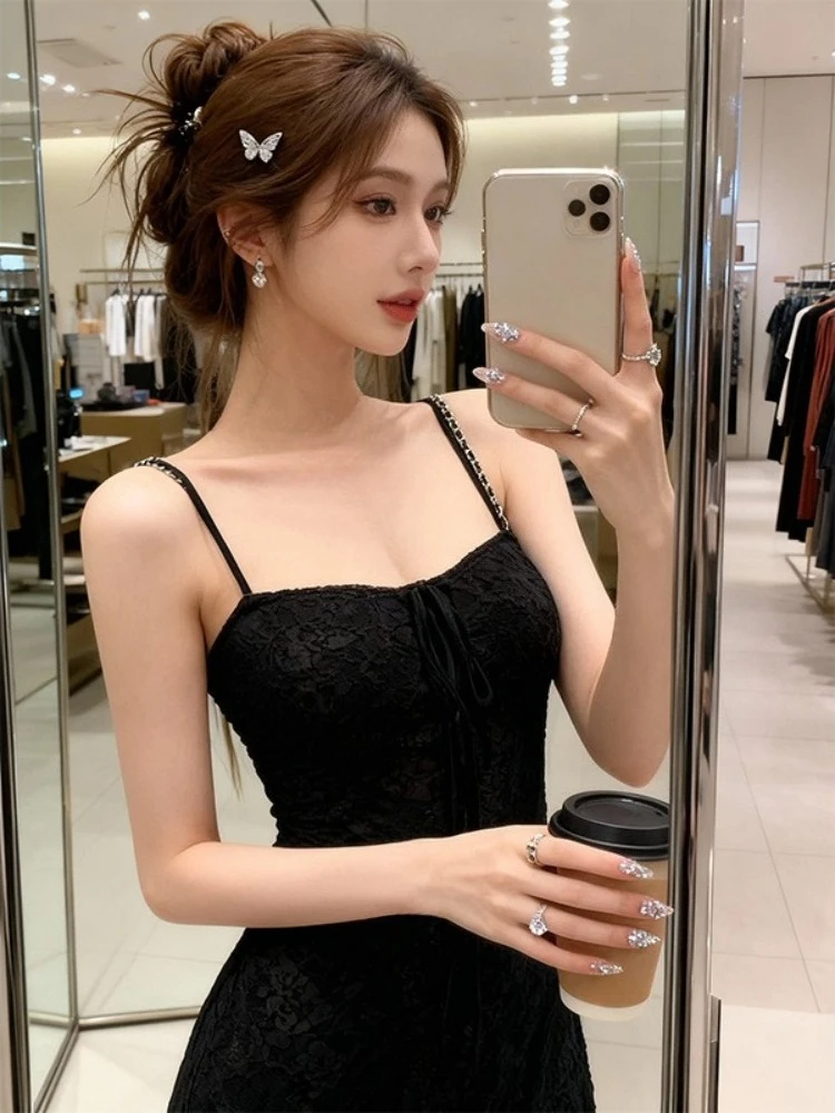 Y2k Aesthetic Lace Flower ​Sexy Slip Dress Women Vintage Harajuku Drawstring Mini Dresses Streetwear Streetwear ​Grunge Vestidos