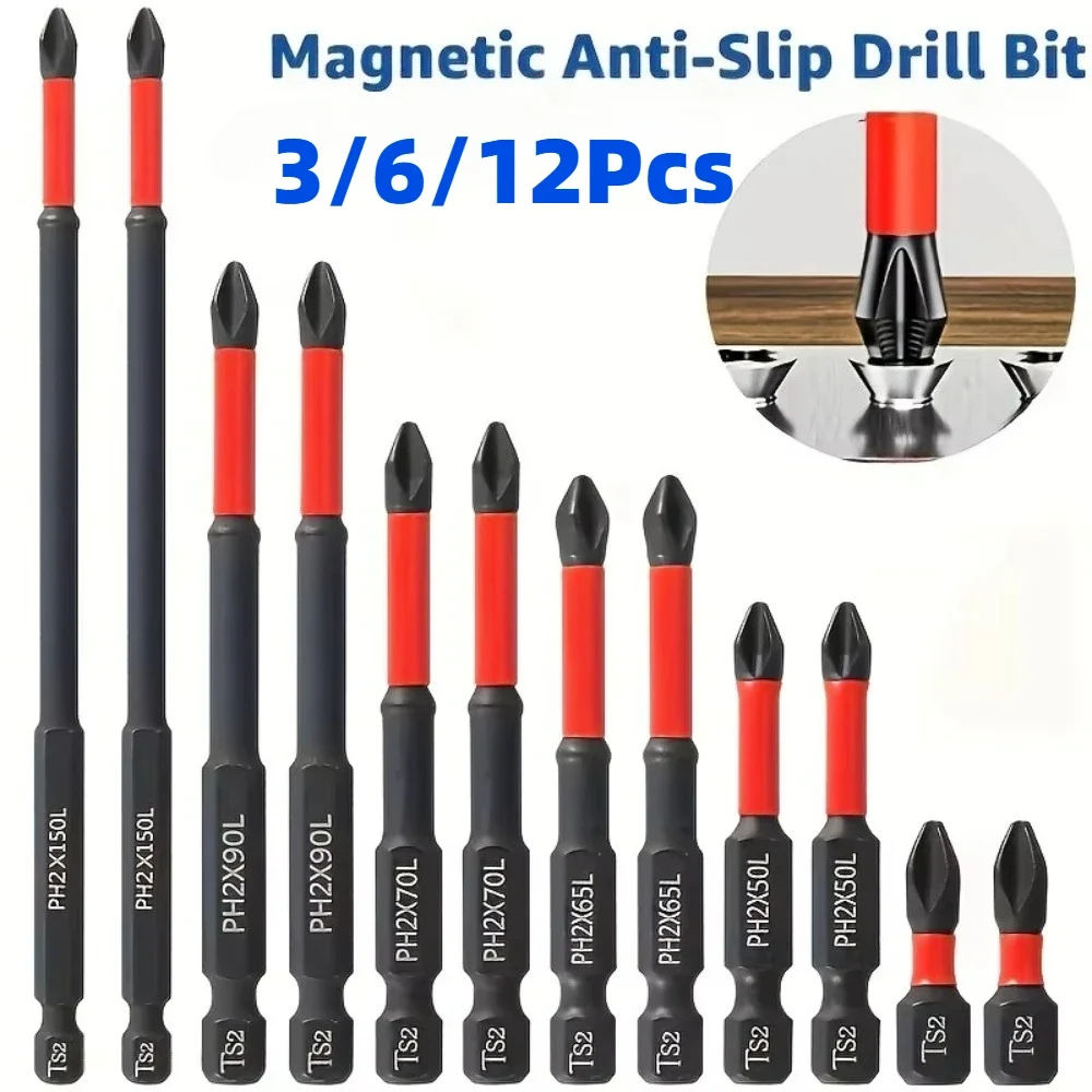 Magnetic Anti-Slip Groove Phillips Screwdriver Bits Set, 3/6/12Pcs S2 Steel, High Hardness for Electric Drill & Hand Screwdriver