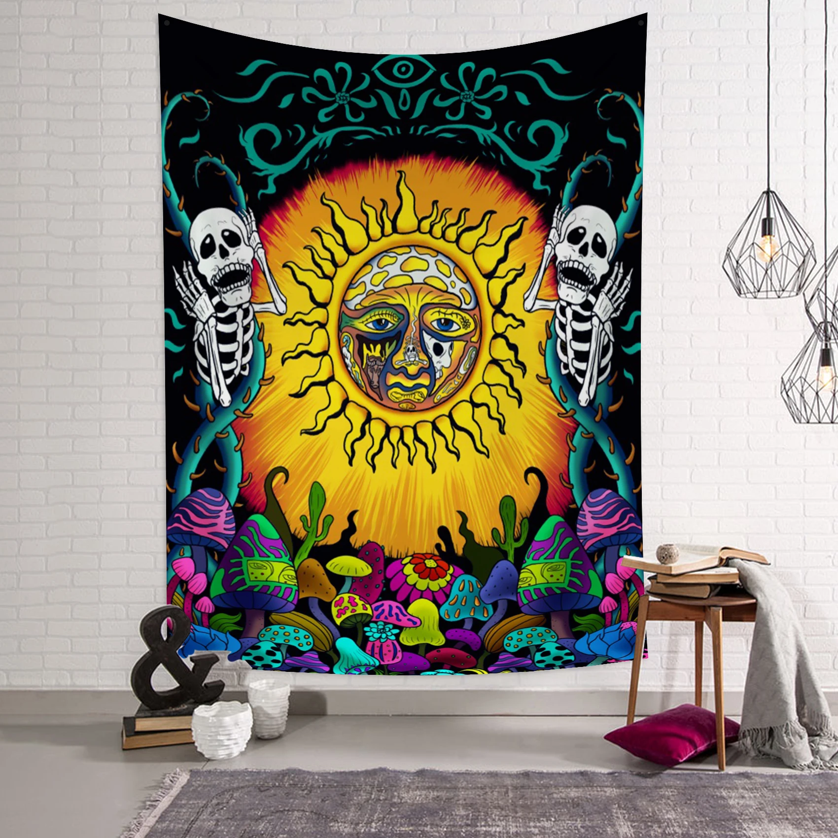 

Sun Skeleton Mushroom Trippy Tapestry Wall Hanging Cute Aesthetic Psychedelic Hippie Colorful Wall Carpet Home Decor Tapestries