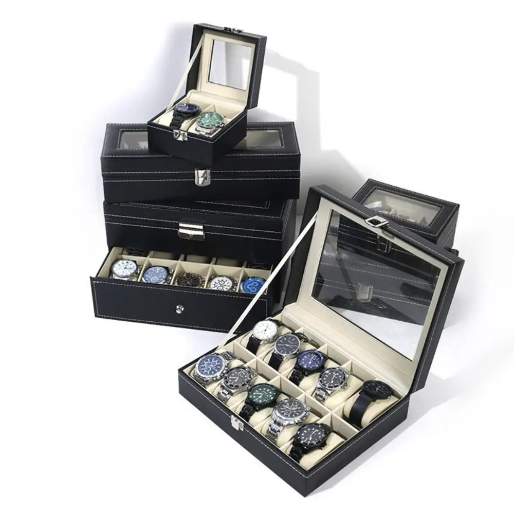 Lockable Watch Storage Box 2/3/6/10/12 Grids Leather Jewelry Box Removable Watch Pillows Waterproof Watch Organizer Gift