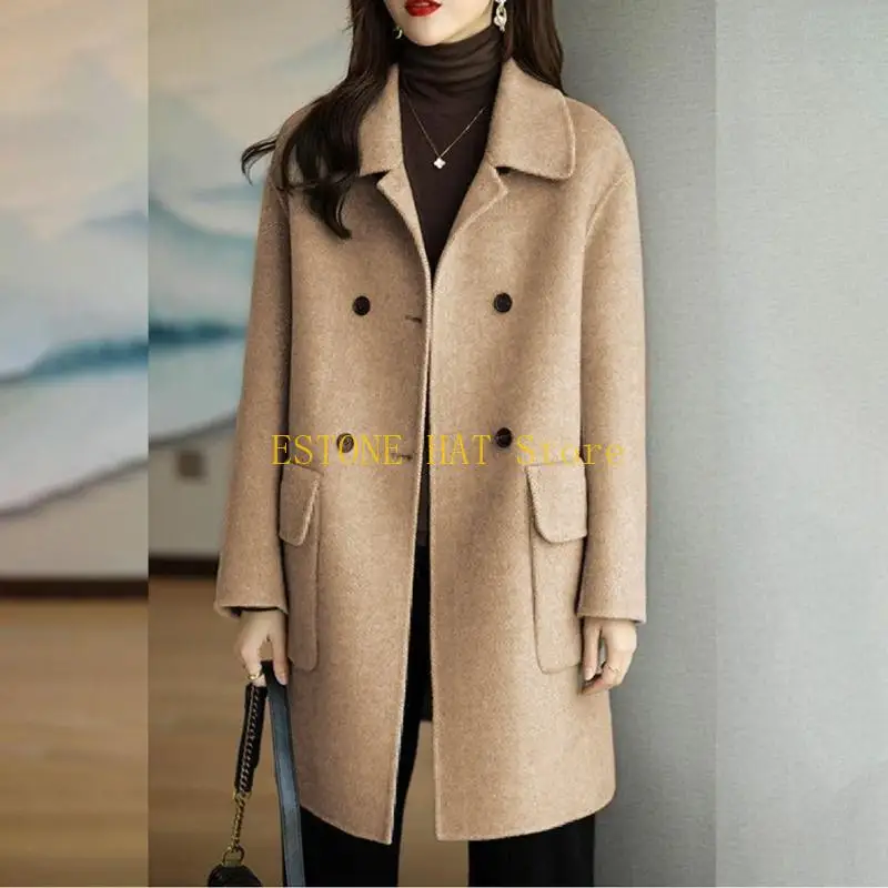 49MF Womens Solid Casual Lapel Woolen Long Coat Cardigan Button Down Coat