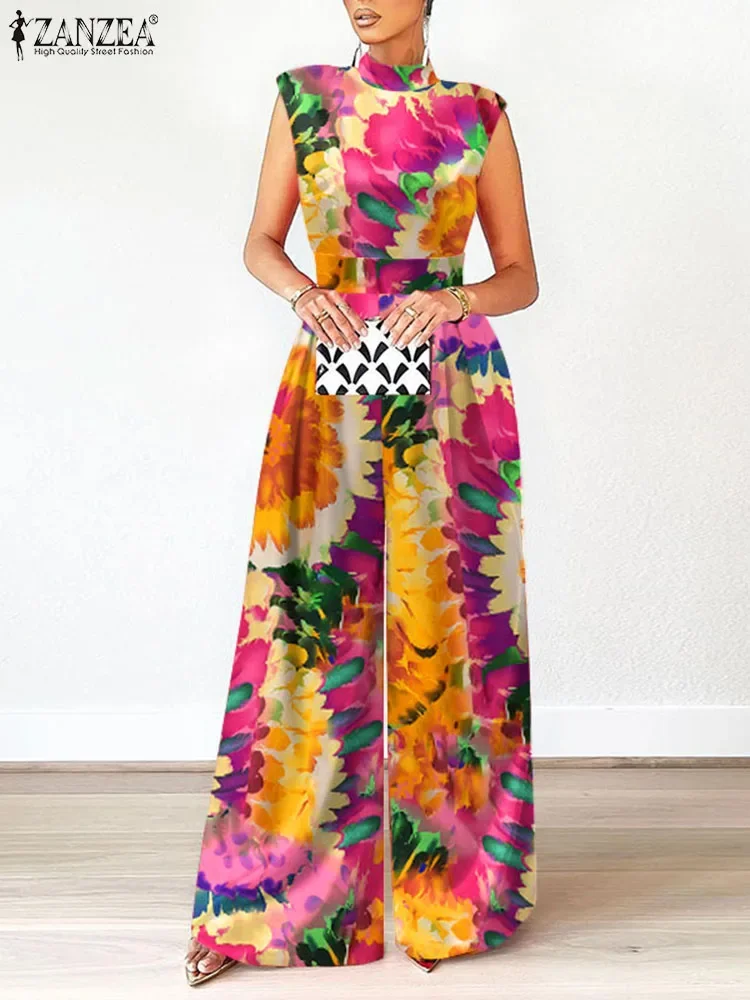 ZANZEA Elegant Cinched Waist Wide Leg Pants Fashion Women Summer Floral Print Long Rompers Sleeveless Party Turtleneck Jumpsuits