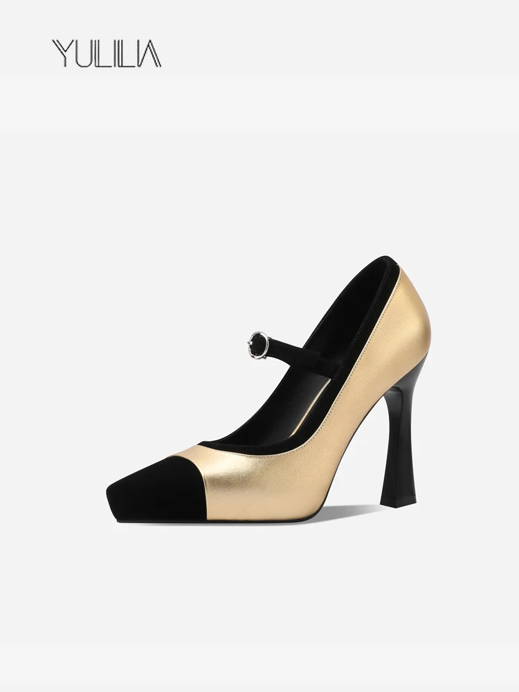 

YULILIA Pointed high heels women's waterproof table stiletto 2025 spring new gold one-word buckle light mouth single shoes