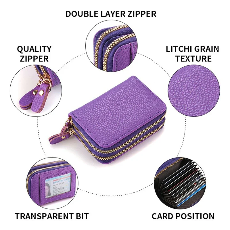 Women's Card Holder with Double Zippers, ID Window PU Leather Purses and Handbags for Women Coin Pockets Wallets Black Pink
