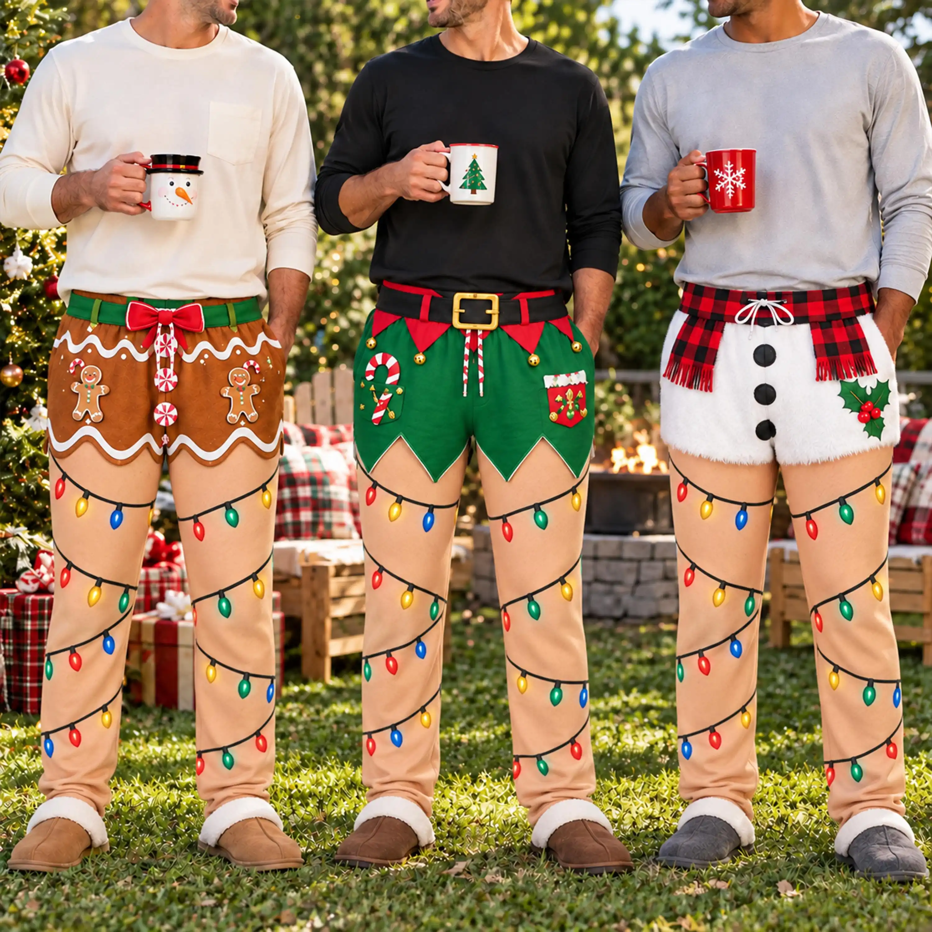 Christmas Themed Men's Fun Sleeping Pants 3D Printed Visual Fake Two Fishing Net Socks Wide Leg Pants Party Parody Casual Pants