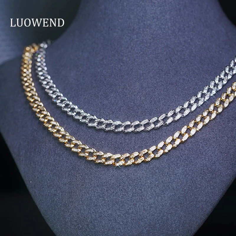 LUOWEND 100% 18K White or Yellow Gold Necklace Luxury Cuban Chain Design 3.60carat Real Natural Diamond Necklace for Women