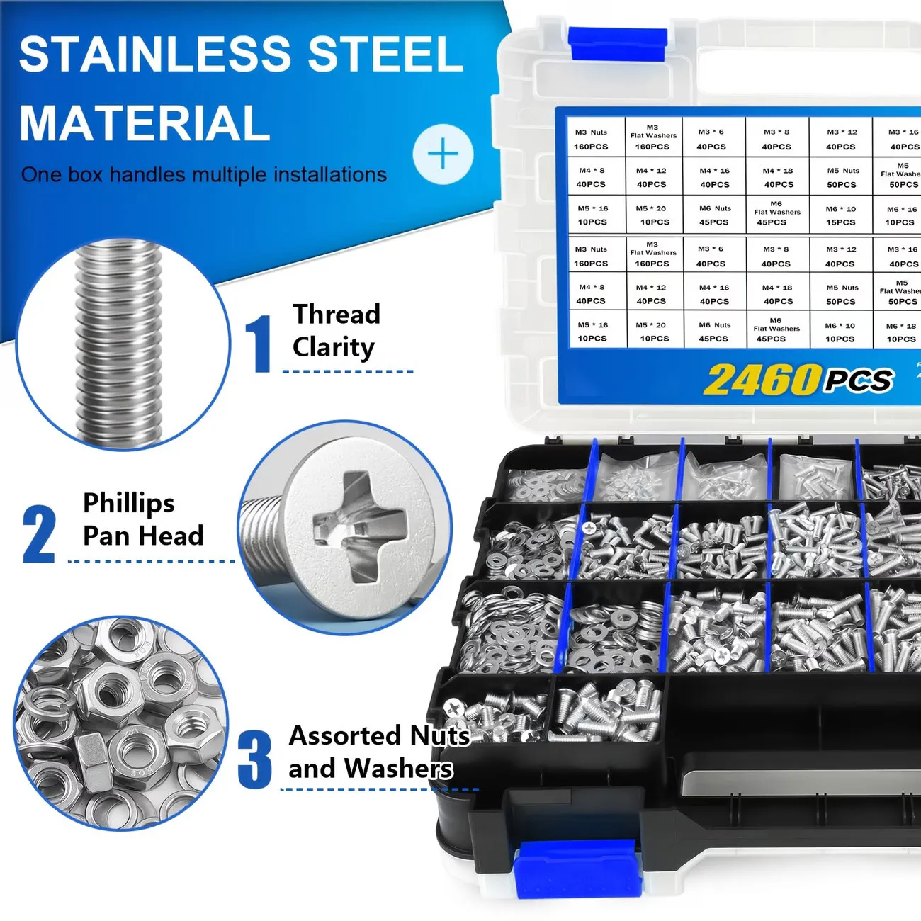 2460Pcs Stainless Steel Cross Countersunk Bolts Nuts Washers Set M3 M4 M5 M6 Double Layer Storage Box Hardware Kit