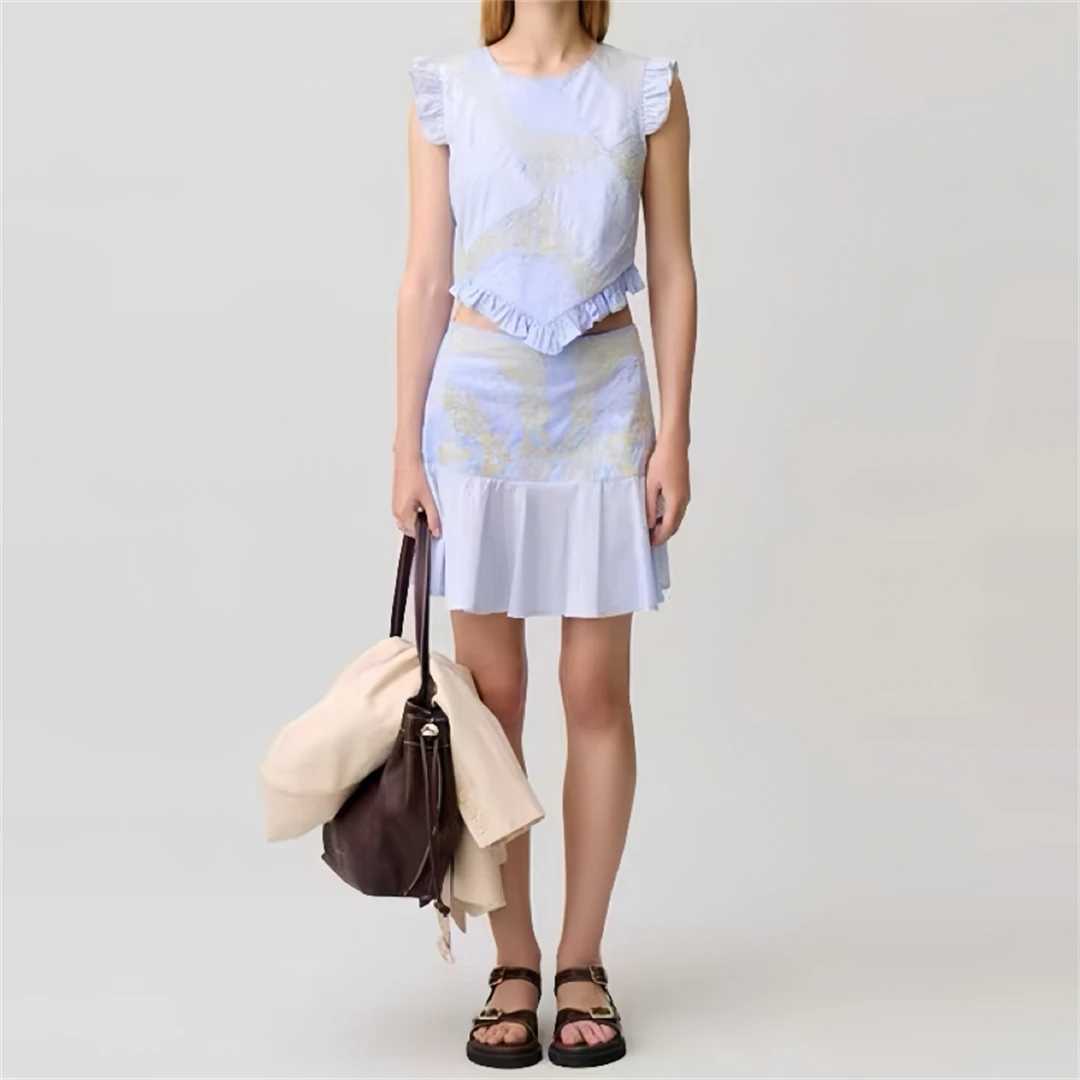 

French Style Loose Fit Cotton Blouse And Half Skirt Set Light Blue Embroidery Vest Women's Breathable Skin-Friendly Summer Ou...