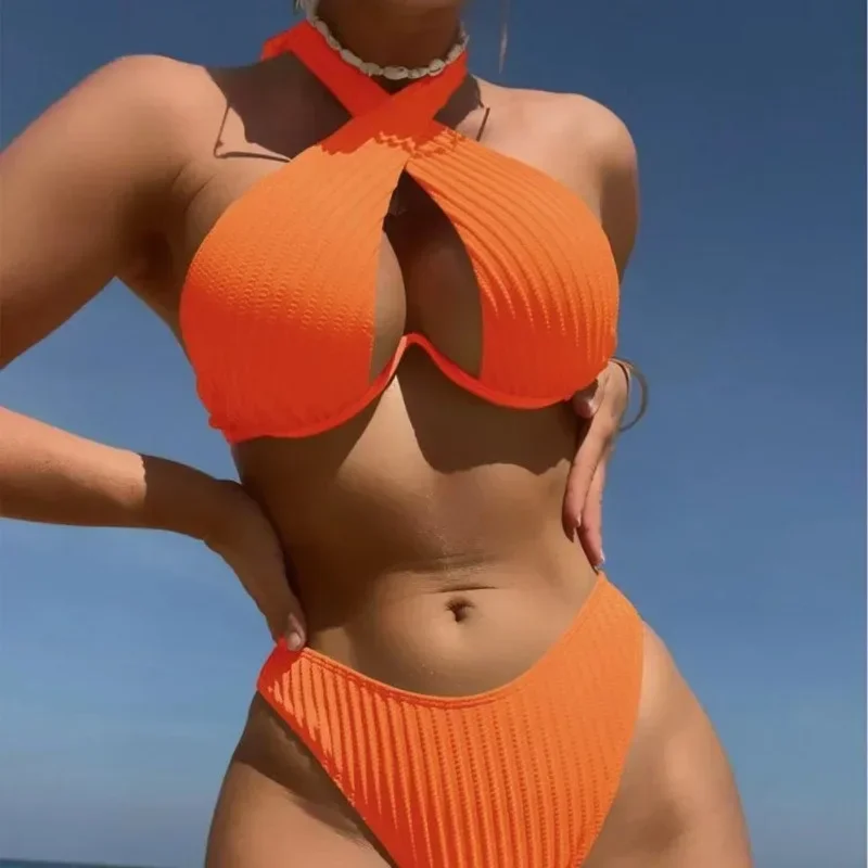 

Hollow Out Cross Halter Bikinis 2024 Women's High Waist Swimwear Solid Swimsuit Beachwear Female Bathers Bathing Swimming Summer