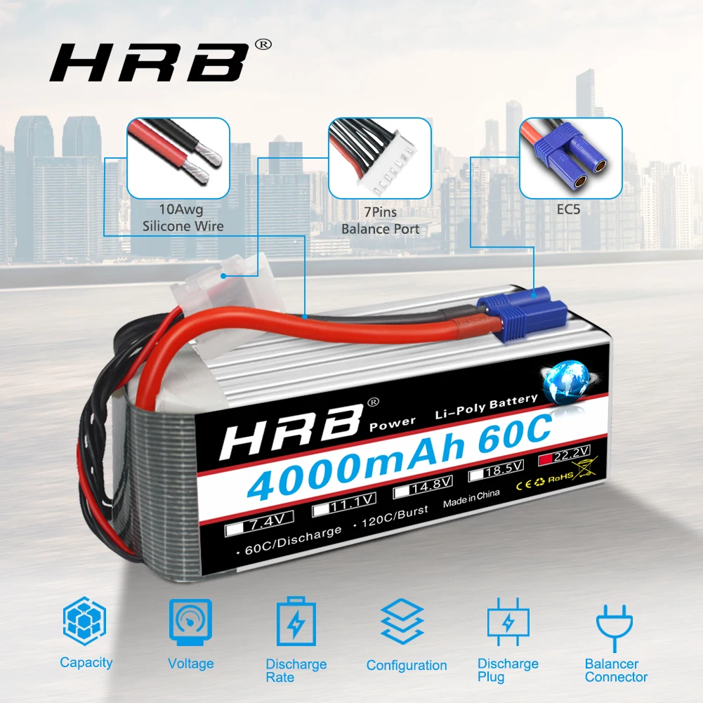 1/2 قطعة HRB 6S يبو بطارية 22.2 فولت 4000 مللي أمبير بطارية توصيل خارجي 60C XT90 موصل EC5 التوصيل ل RC سيارة بدون طيار RC هليكوبتر طائرة