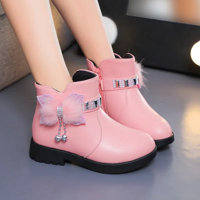 Winter Children Princess Style Cotton Boots Baby Girls Fashion Bow Warm Leather Boots Girls Cute Rhinestone Mid-calf Short Boots