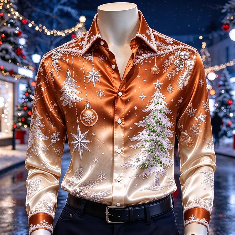New men's shirt black silver Christmas tree snowflake hanging bead imitation pearl border print slim Christmas shirt