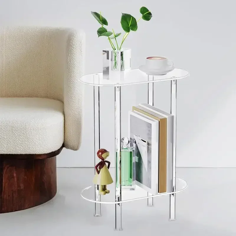 

Acrylic Transparent Tea Table Sofa Side Table 2-tier Coffee Table Oval End Bedside Cabinet Nightstand for Living Room Bedroom