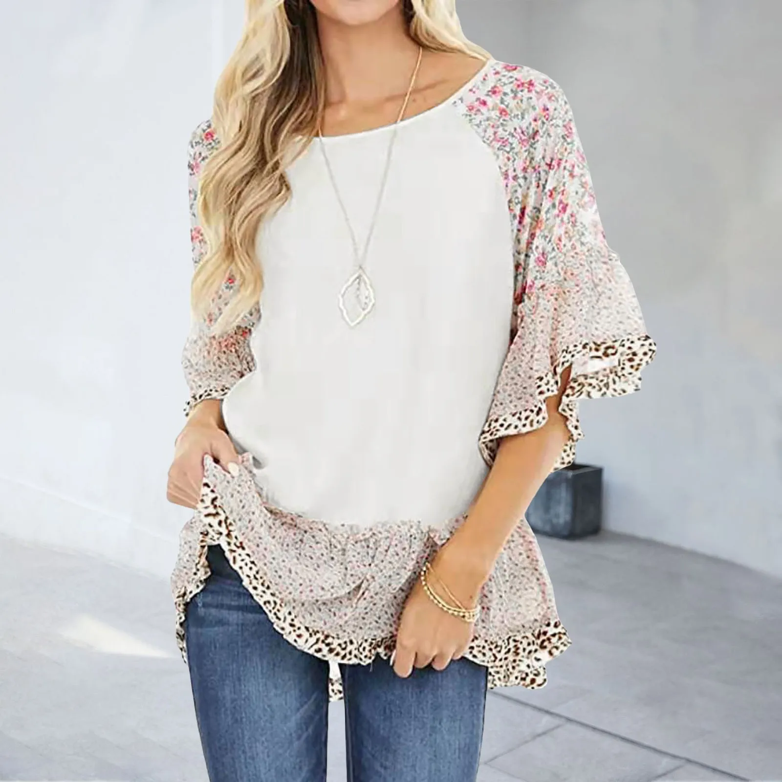 2024 Casual Women Half Sleeve Blouse Leopard Floral Printed Patchwork Round Neck Loose Fit Tops Simple Beachwear Style Sweater