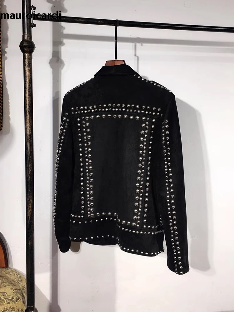 Mauroicardi Spring Autumn Cool Studded Short Black Faux Suede Leather Jacket Men Luxury Designer Emo Night Club Wear Clothes