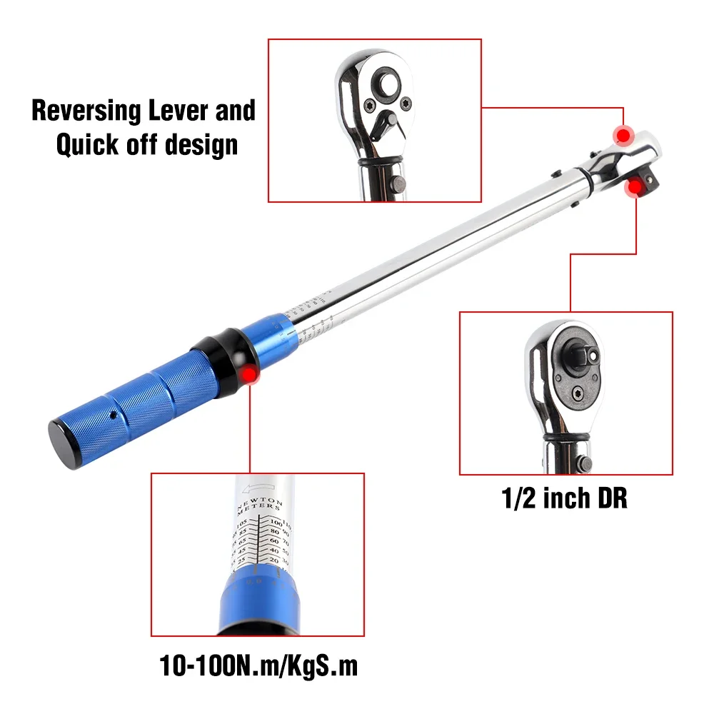 Torque Wrench 10-110N.m 1/2” Mirror Polished Chrome Plated with Quick Release 2-Way Direction Hand Tool for Car Bicycle Repair