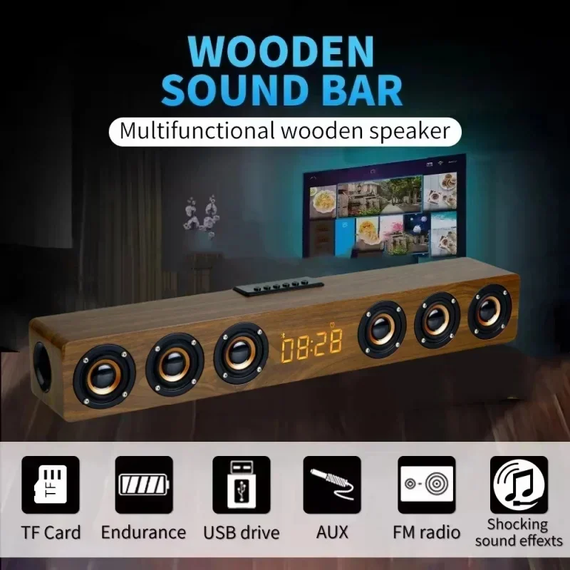 Echo Wal-Barra de sonido de madera de 6 bocinas para TV, sistema de sonido de cine en casa, altavoces Bluetooth con pantalla de tiempo, Subwoofer de ordenador de alta potencia