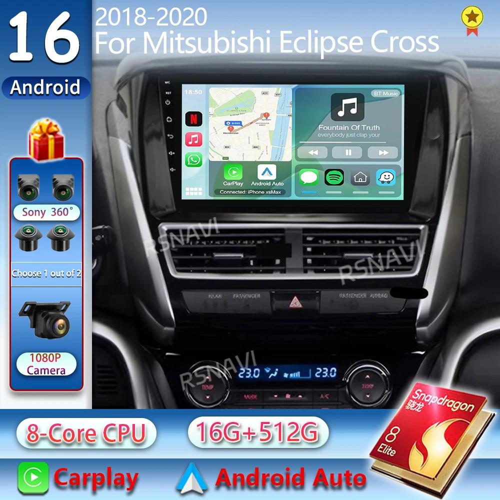 Radio para Auto Android 16 para Mitsubishi Eclipse Cross 2018 2019 2020, Reproductor Multimedia con Carplay, Navegación GPS, Estéreo 2din