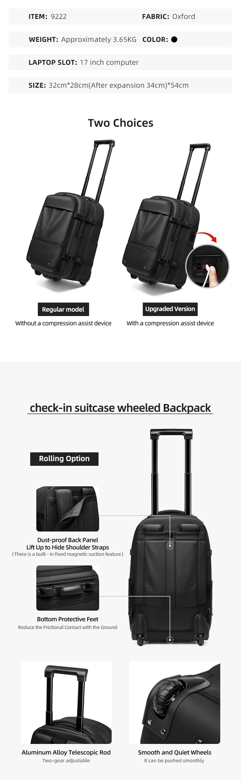 Reise-Trolley-Vakuum-Kompressions-Business-Rucksack mit Pumpe für Herren, Rucksack auf Rädern, Rollgepäck, Bergsteigertasche – Detail 2