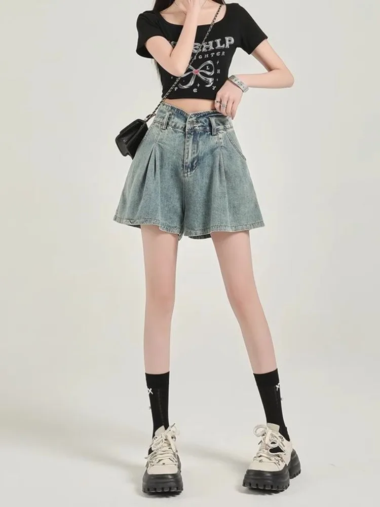 

Retro High Waist Slimming Pleated Denim orts Women's Loose Cover Hip A-Line Wide Leg Skirt Pants Spring Season Small Size