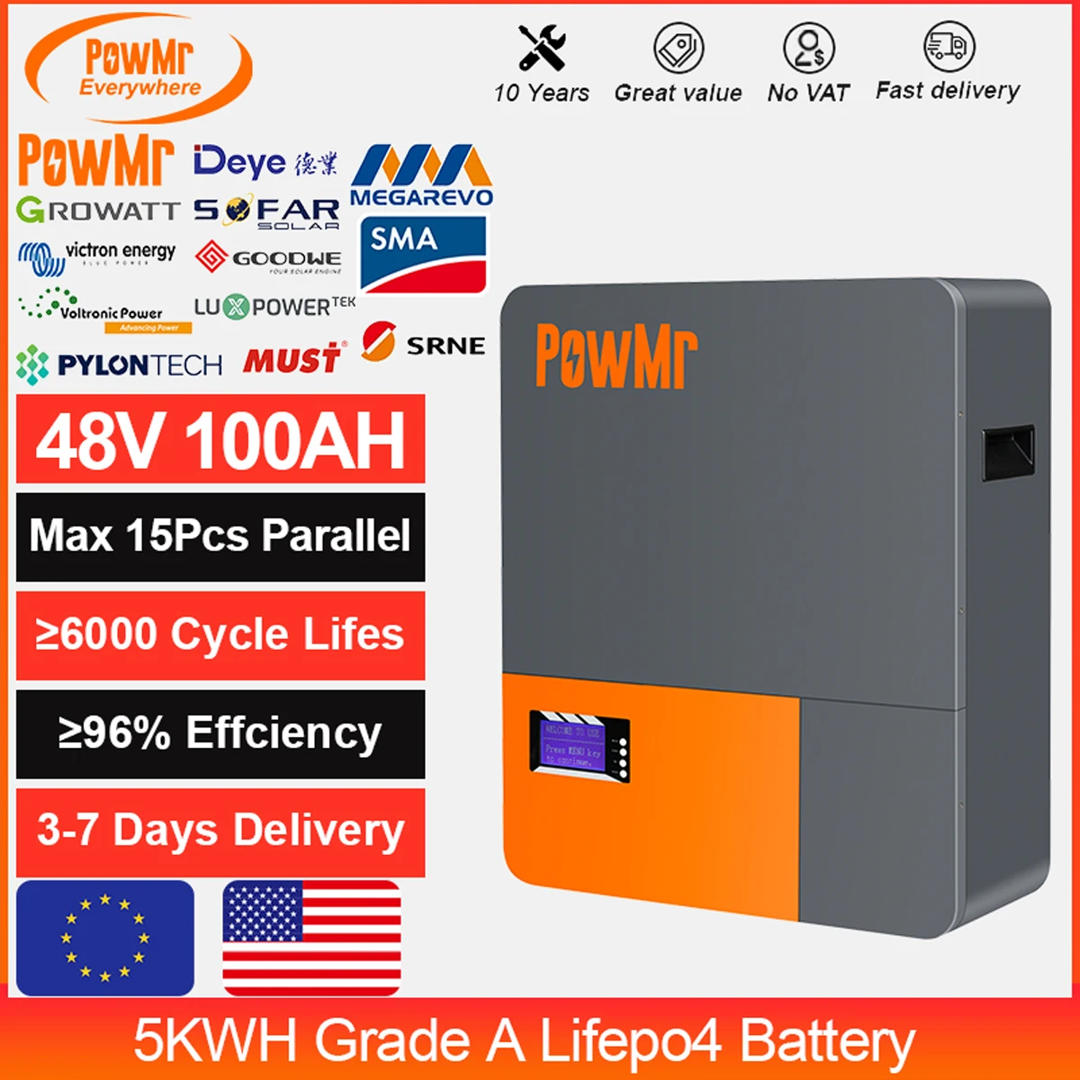 USA EU Stock PowMr Powerwall 48V 100AH LifePO4 Battery Pack 5KW Lithium Bateria Parallel 15 Units BMS PC RS485 CAN 6000+ Cycle