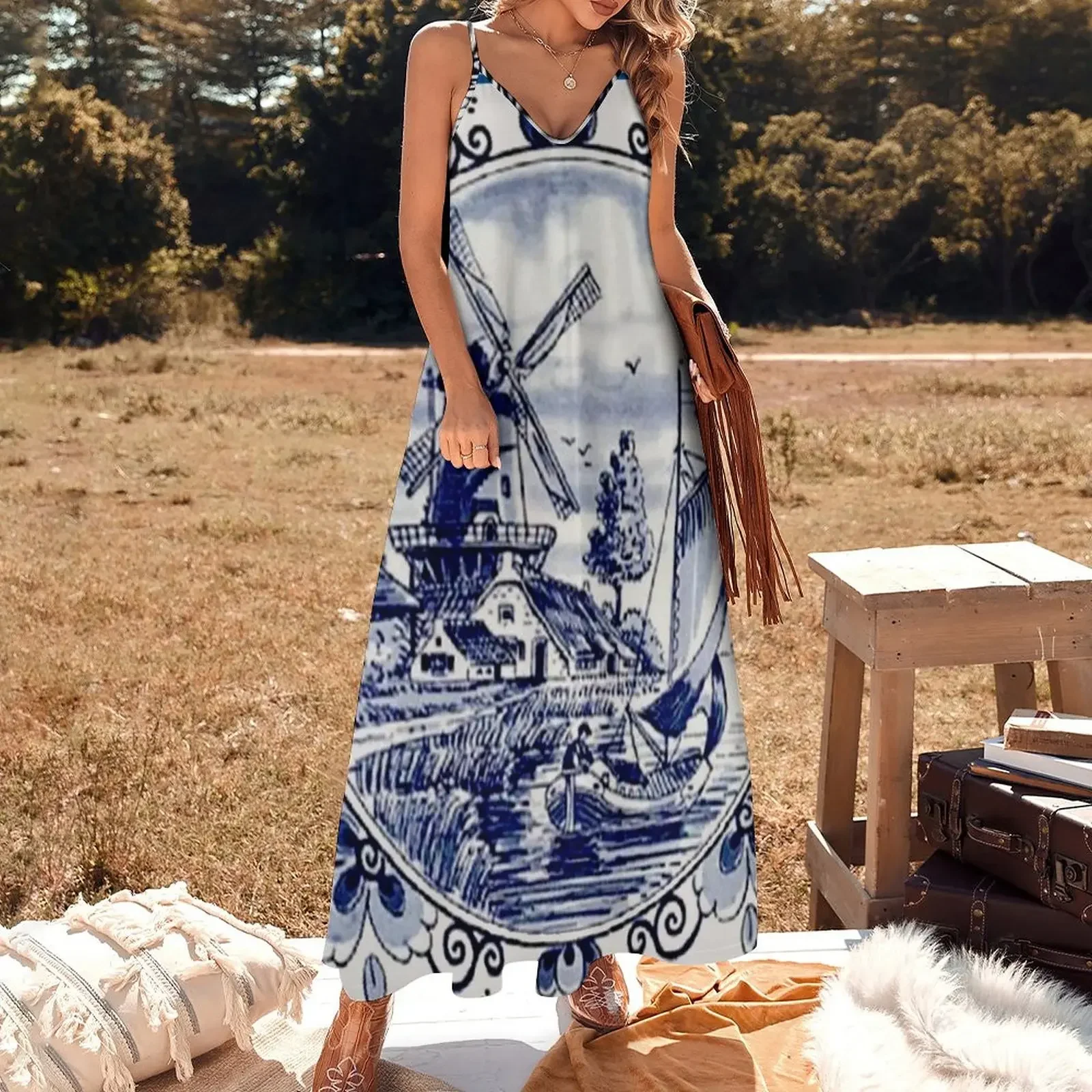 DUTCH BLUE DELFT: Vintage Windmill Print Sleeveless Dress long dress women summer summer dress