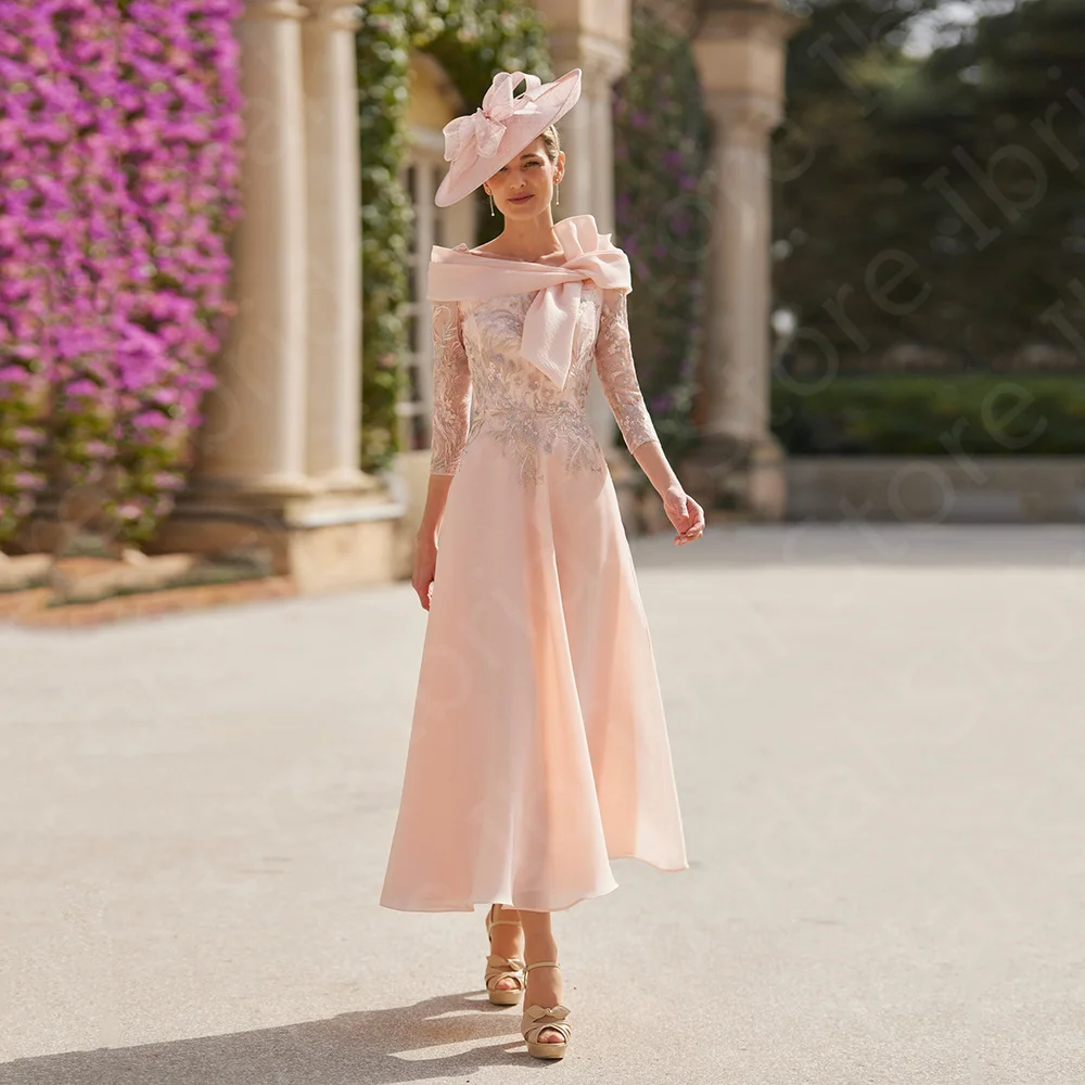 Latest Arrival Peach Mother of the Bride Dresses Lace 3/4 Sleeves Mother Gowns Mid Calf Length Wedding Party Gowns Short 2024