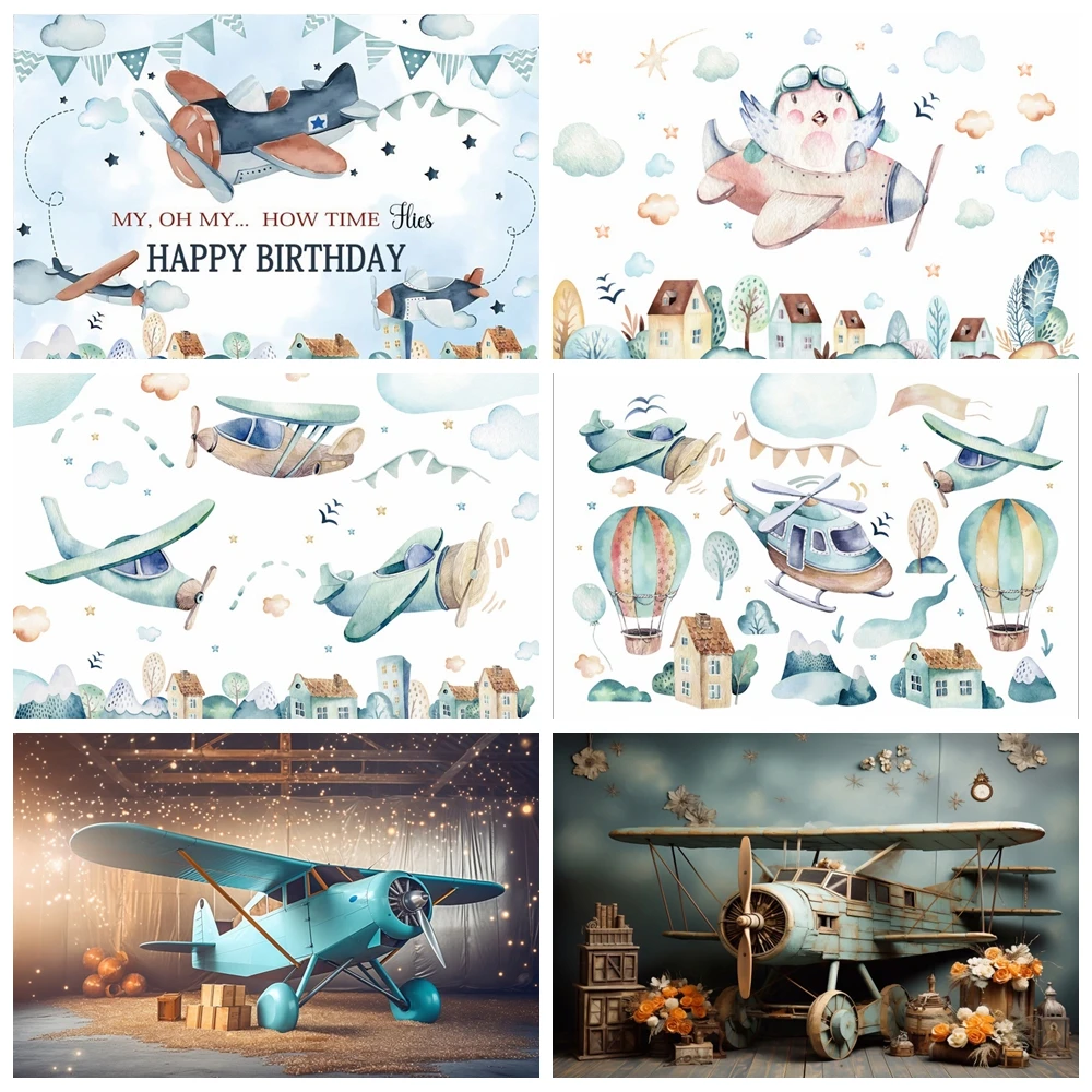 

Aircraft Birthday Backdrop Airplane Aviator Adventure Hot Air Balloon Baby Shower Birthday Photography Background Photo Studio