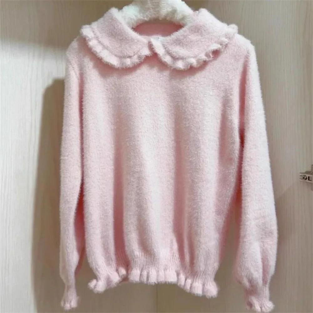 

Fashion Sweet Pink Peter Pan Collar Sweater Women Korean Style Vintage Wear Knit Top 2026 Autumn and Winter Pullover Cute Clothe