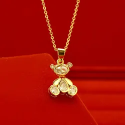 AU999 Gold Necklace Womens Clavicle Necklace Bear Pendant O-shaped Necklace Diamond 24K Pure Gold Necklace for Girlfriend Gift