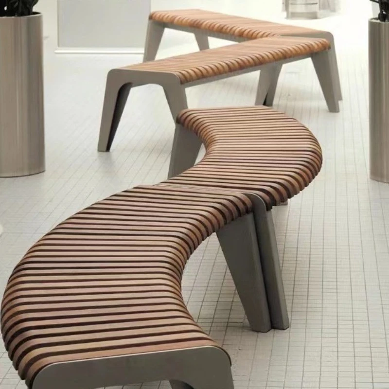 

Community outdoor park chair outdoor bench square leisure seat anti-corrosive wood S-shaped row chair metal strip stool