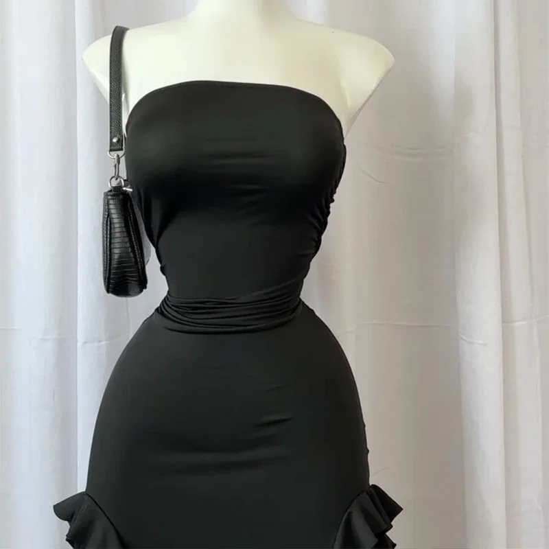 2024 verano Maxi vestido de mujer Vintage elegante negro moda sin mangas ajustado espalda descubierta Irregular borla vestidos de fiesta bata de calle